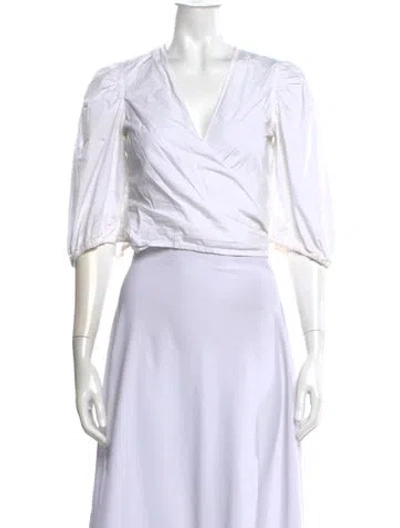 Pre-owned Ganni V-neck Three-quarter Sleeve Blouse In White