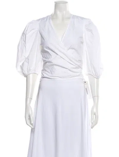 Pre-owned Ganni V-neck Three-quarter Sleeve Blouse In White