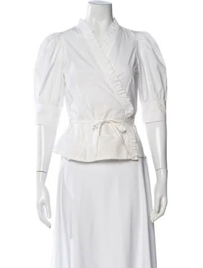 Pre-owned Ganni V-neck Three-quarter Sleeve Blouse In White