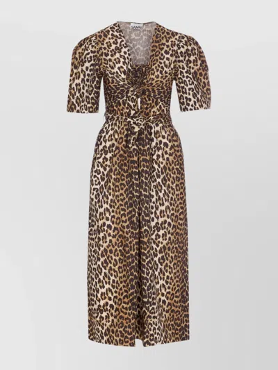 Ganni Waist Belted V-neck Midi Dress With Leopard Print In Multicolour