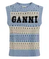 Ganni Openwork Striped Vest With Logo Inlay In Lightblue