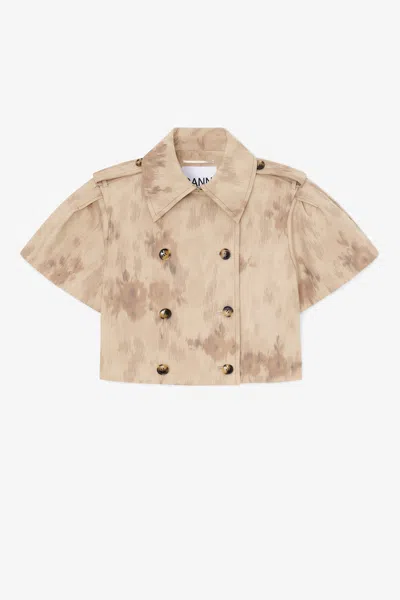Ganni Double Cotton Short Sleeved Jacket Printed In Brown