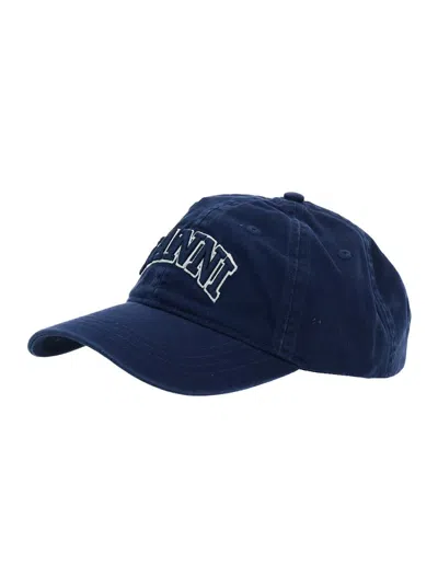 GANNI BLUE BASEBALL CAP WITH LOGO LETTERING EMBROIDERY ON THE FRONT AND LOGO PATCH ON THE REAR IN COTTON W