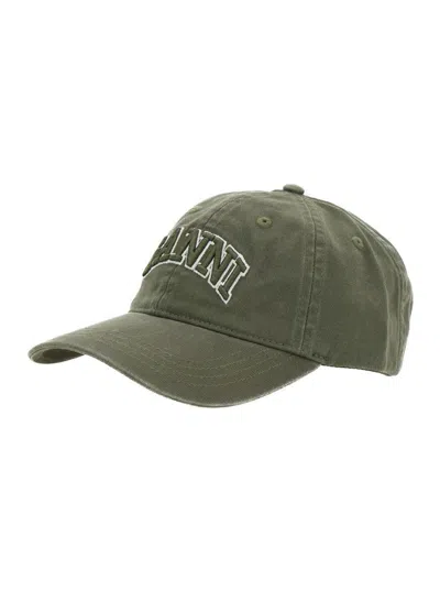 Ganni Washed Cotton Canvas Cap Emb In Green