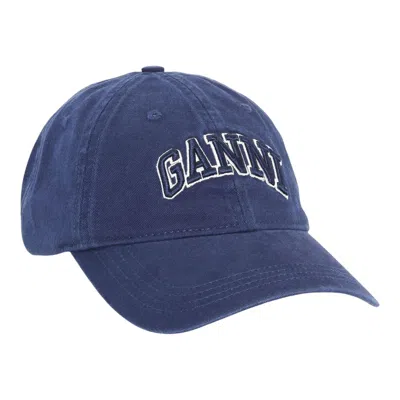 Ganni Washed Cotton Canvas Cap Embroidered In Purple
