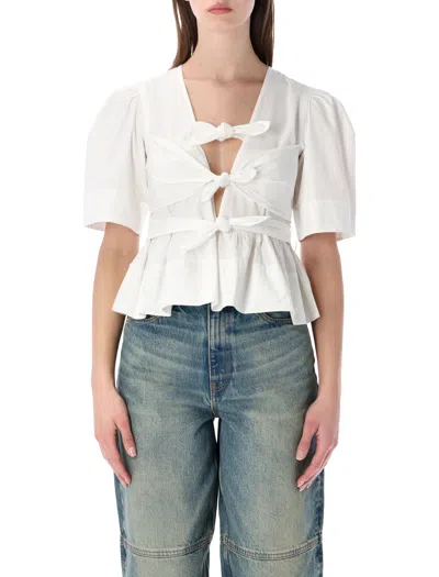 Ganni Washed Cotton Tie-front Blouse With Puff Sleeves - Size 36 In White