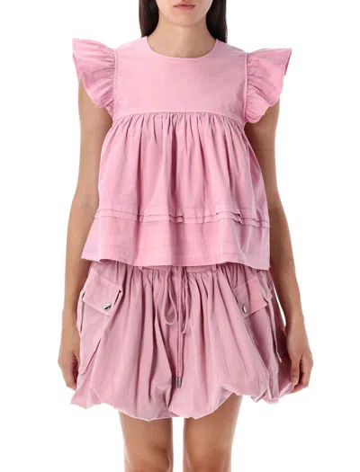 Ganni Washed Cotton Top With Frill Sleeves In Pink