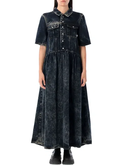 Ganni Washed Denim Maxi Dress In Black