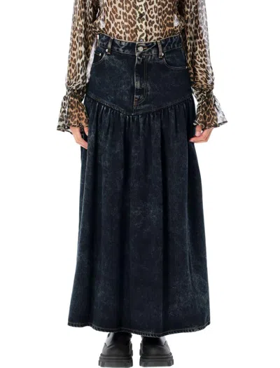 Ganni Long Denim Skirt Featuring Pockets In Blue