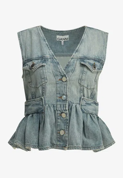 Ganni Washed Denim Top In Blue