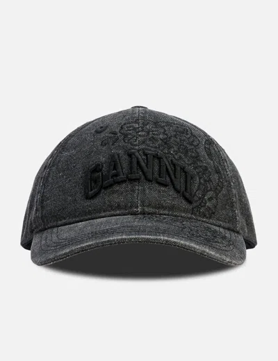 Ganni Washed Embroidery Denim Cap In Black
