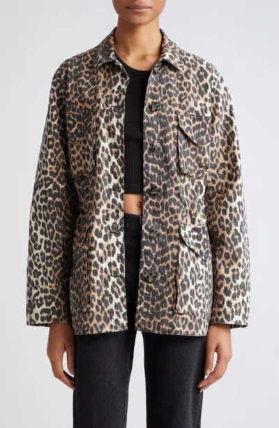 Ganni Leopard Canvas Oversized Midi Jacket In Animal Print