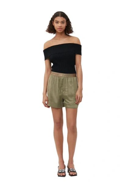 Ganni Washed Satin Shorts In Aloe