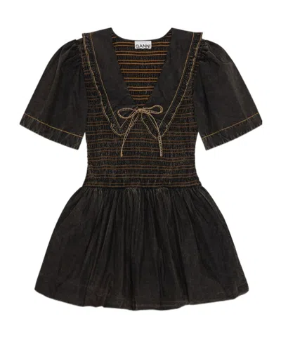 Ganni Black Washed Smock Dress In Gray