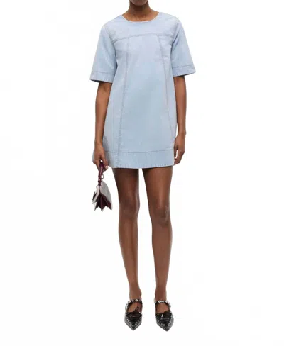 Ganni Washed Stretch Cotton A-line Mini Dress In Soft Chambray In Blue