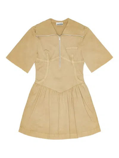Ganni Washed Stretch-cotton Mini Dress In Brown