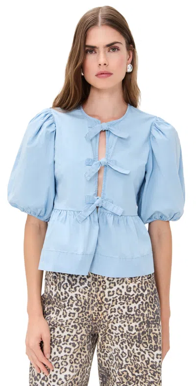Ganni Washed Stretch Cotton Peplum Blouse Soft Chambray In Blue