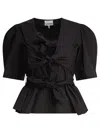 Ganni Poplin Front-tie Peplum Blouse With Puffed-sleeves
