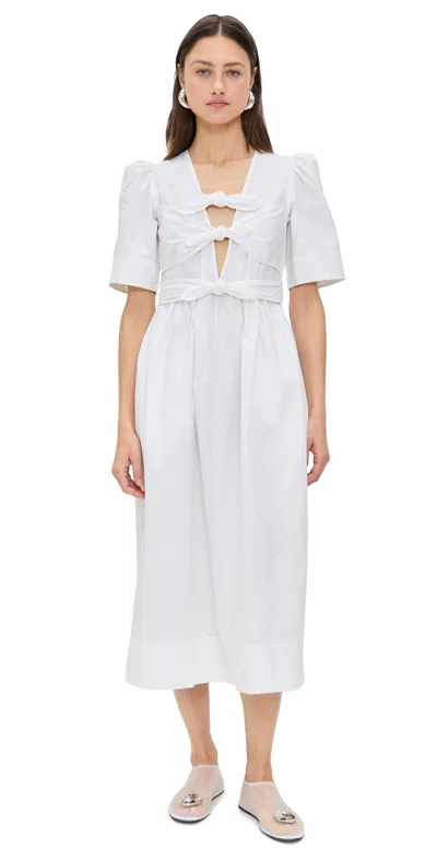 GANNI WASHED STRETCH COTTON TIE STRAP MIDI DRESS BRIGHT WHITE