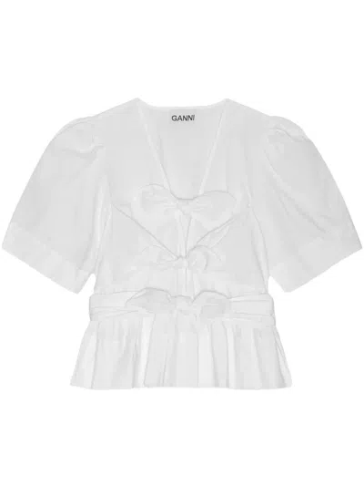 Ganni Washed Cotton Tie-front Blouse In White