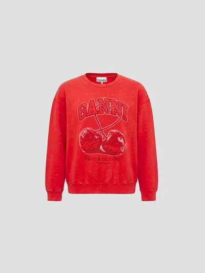 Ganni Wash-effect Crewneck Sweatshirt In High Risk Red