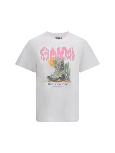 Ganni Graphic Print Relaxed Fit Short Sleeve Top In White