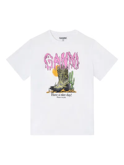 Ganni Western T-shirt With Cowboy Boots In White