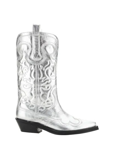 Ganni Mid Shaft Western Boots - Synthetic - Silver