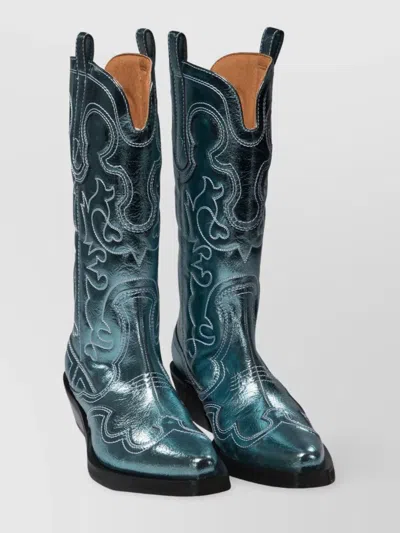 Ganni Western-embroidered Boots Stivali & Stivaletti In Blue