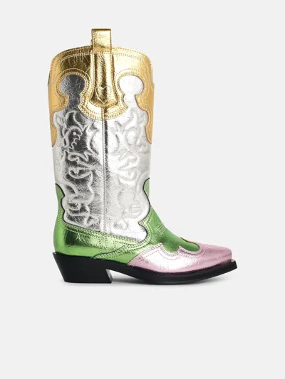 Ganni 'western' Embroidered Boots With Medium Leg In Multicolored Eco Leather
