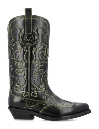 Ganni Western-inspired Black Leather Boots For Women
