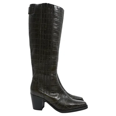 Ganni Western Knee High Boots In Green Leather In Black