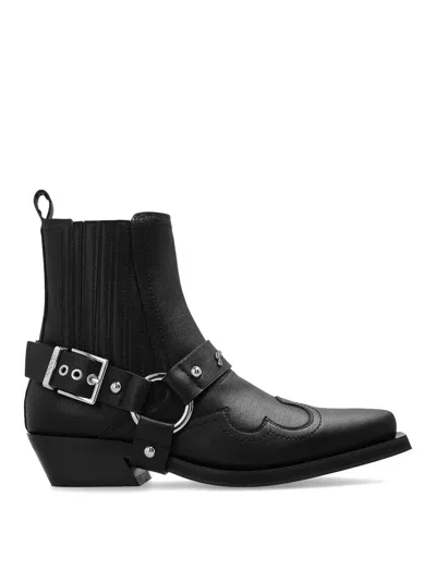 Ganni Embroidered Faux Leather Cowboy Boots In Black