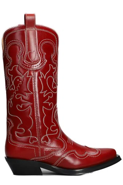 Ganni Mid Shaft Embroidered Western Boots In Red