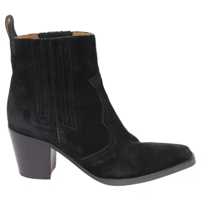 Pre-owned Ganni Western Style Ankle Boots In Black Suede