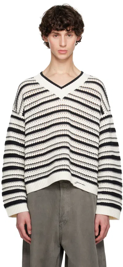 Ganni White & Black Striped Sweater In Multicolour