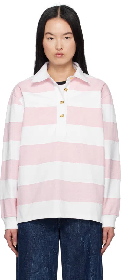 GANNI WHITE & PINK STRIPED HEAVY COTTON POLO