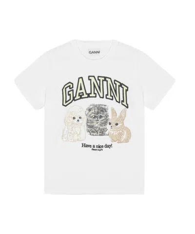 Ganni White Animal Print T-shirt