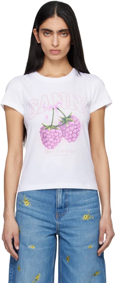 Ganni Baby Fit Raspberry T-shirt In Bright White
