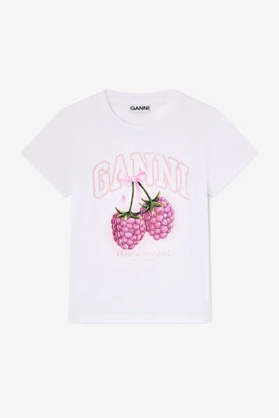 Ganni Cotton Crew Neck Graphic Print T-shirt In White
