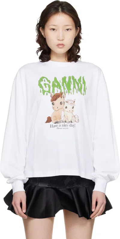 Ganni White Basic Cotton Jersey Long Sleeve T-shirt