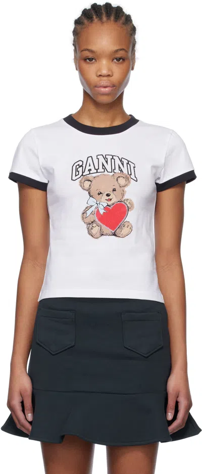 GANNI WHITE BASIC JERSEY BEAR T-SHIRT