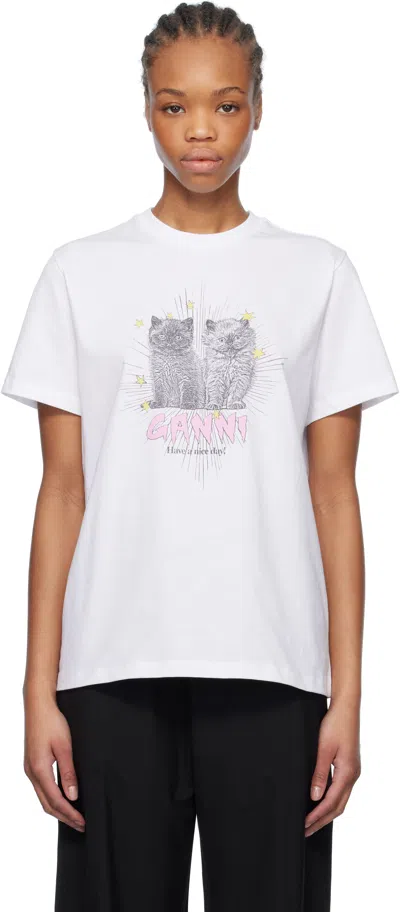 GANNI WHITE BASIC JERSEY KITTENS RELAXED T-SHIRT