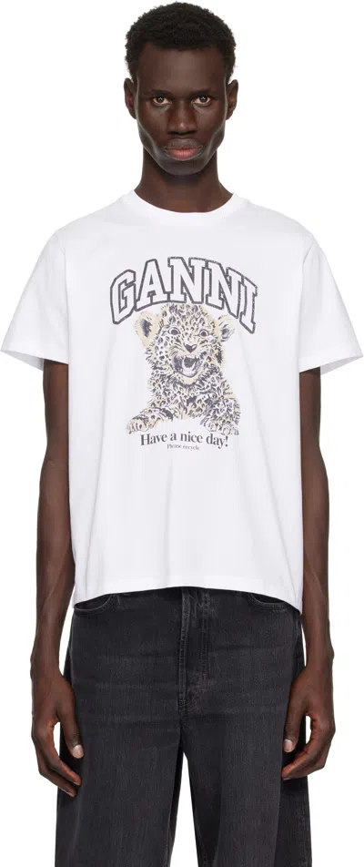 Ganni White Basic Jersey Leopard Relaxed T-shirt