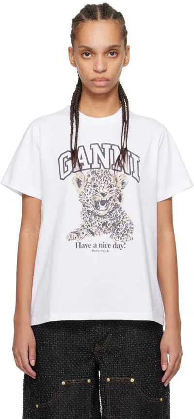 GANNI WHITE BASIC JERSEY LEOPARD RELAXED T-SHIRT