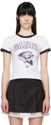 Ganni White T-shirt With Lettering Logo And Front And Back Print In Cotton Woman In 151 Bright White