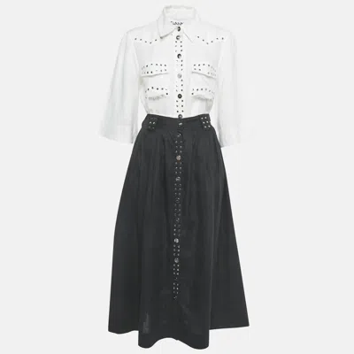 Pre-owned Ganni White /black Linen Stud Detail Top & Skirt Set S/xs