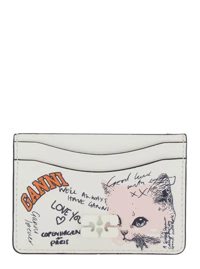 Ganni White Card Holder With Graphic Print On The Front In Leather Blend Woman In Neutral