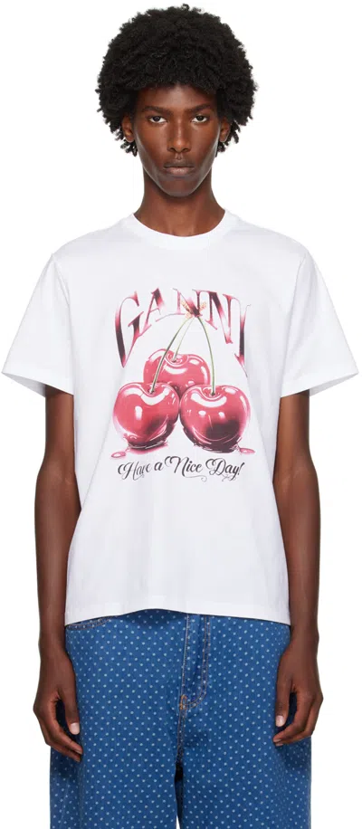 Ganni White Cherry Relaxed T-shirt In Bright White