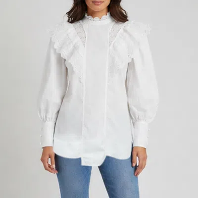 Ganni White Cotton And Lace Trim Ruffled High Neck Blouse